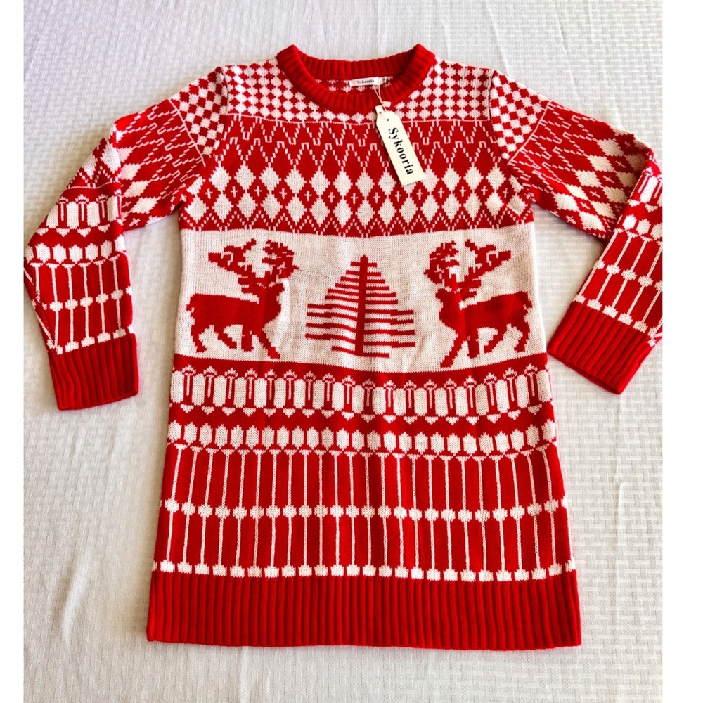Sykooria Christmas Reindeer Sweater Dress Red White Fair Isle Knit Size M NWT